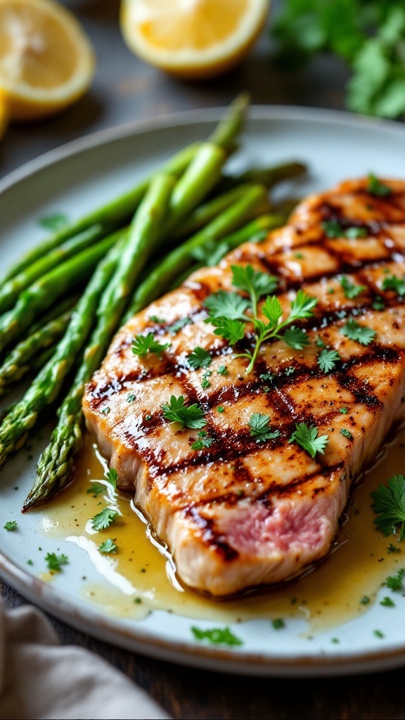 Grilled tuna steak with asparagus and lemon garlic sauce on a rustic table.